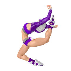 Fototapeta na wymiar muscular woman in a cyberpunk suit is doing a ballet dance jump