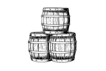 Oak wooden barrel hand drawn sketch engraving style vector illustration