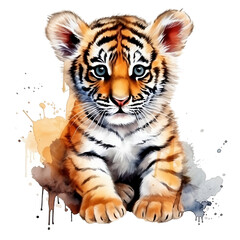 tiger, animal, watercolor, child, baby, wildlife, zoo, wild, cute, nature, mammal, Generative AI 