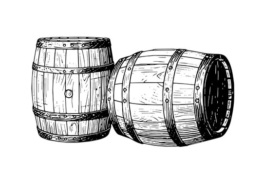 Oak wooden barrel hand drawn sketch engraving style vector illustration