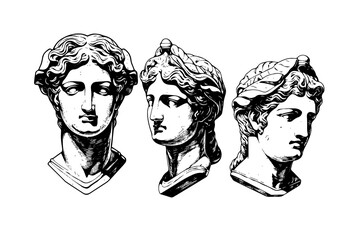 Set of antique statue head of greek sculpture sketch engraving style vector illustration pack - obrazy, fototapety, plakaty