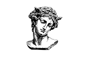 Antique statue head of greek sculpture sketch engraving style vector illustration. - obrazy, fototapety, plakaty