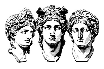 Set of antique statue head of greek sculpture sketch engraving style vector illustration pack