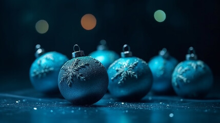 Fototapeta na wymiar Christmas ornaments, xmas ball in blue colors with copy space. Festive background. Generative AI