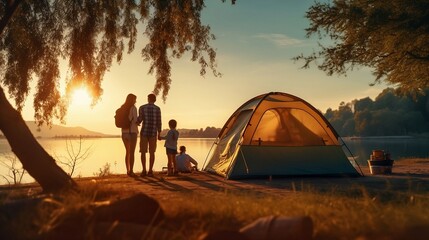 Fototapeta na wymiar camping at sunset on the lake