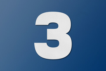 White paper type paper alphabet number 3 isolated on blue background.