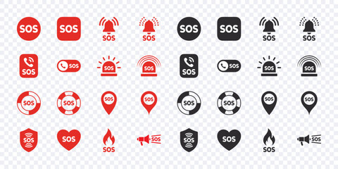 SOS Emergency icons set. Red and black SOS icons. Vector scalable graphics