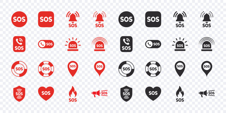 SOS Emergency icons set. Red and black SOS icons. Vector scalable graphics