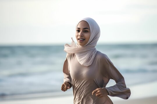 beautiful sport muslim woman smiling. healthy woman with scarf exercising