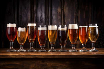 A line of different variety of beer and glasses