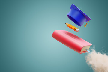 Back to school. Flying academic graduation cap, pencil and book with smoke like a rocket. 3d rendering