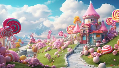 Generative AI illustration of a sweet and magical world with candy land landscape and gingerbread fantasy house