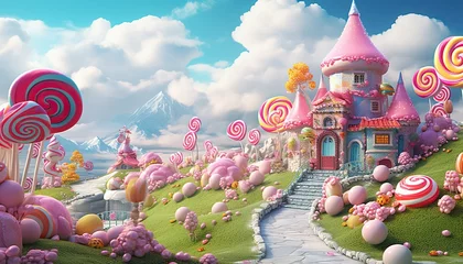 Foto op Canvas Generative AI illustration of a sweet and magical world with candy land landscape and gingerbread fantasy house © CravenA