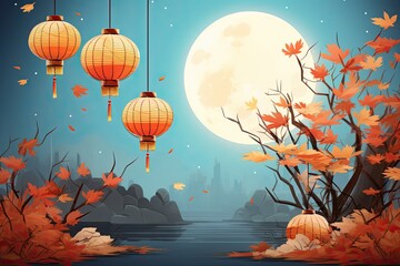 Generative AI illustration of chinese festival on color background with asian elements. Mid Autumn, Tet Holiday and Lunar New year holiday