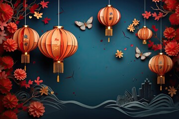 Generative AI illustration of chinese festival on color background with asian elements. Mid Autumn, Tet Holiday and Lunar New year holiday