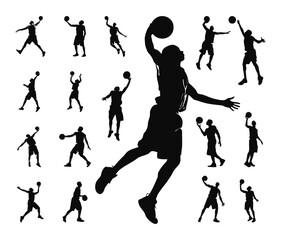 Fototapeta na wymiar set of silhouette poses of man playing basketball