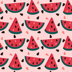 Cute Watermelon slices seamless vector pattern illustration with seeds on pink background