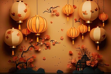 Generative AI illustration of chinese festival on color background with asian elements. Mid Autumn, Tet Holiday and Lunar New year holiday - obrazy, fototapety, plakaty