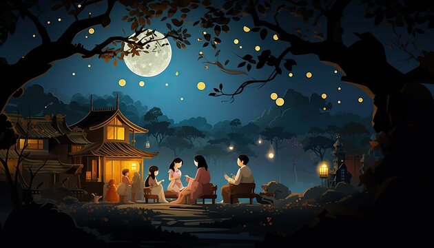 Naklejka Generative AI illustration of a rural setting during the Mid Autumn Festival. Show a family sitting outside their traditional house, sharing moon cakes and stories under a tree