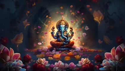 Generative AI illustration of Ganesha Hindu God, with flowers, oil painting taken up into heaven, sitting in front of bokeh mandala background - obrazy, fototapety, plakaty