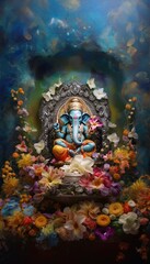 Obraz na płótnie Canvas Generative AI illustration of Ganesha Hindu God, with flowers, oil painting taken up into heaven, sitting in front of bokeh mandala background