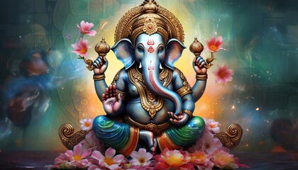 Generative AI illustration of Ganesha Hindu God, with flowers, oil painting taken up into heaven, sitting in front of bokeh mandala background - obrazy, fototapety, plakaty