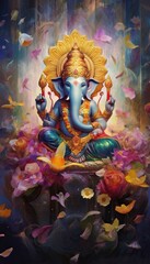 Generative AI illustration of Ganesha Hindu God, with flowers, oil painting taken up into heaven, sitting in front of bokeh mandala background