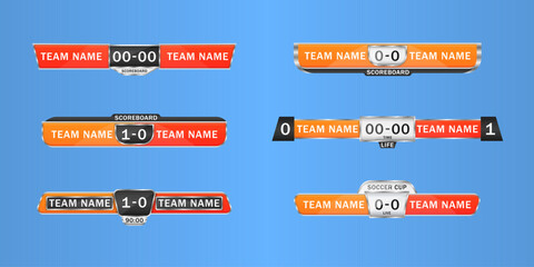 Scoreboard broadcast graphics and lower third template for sport soccer and football. Sport scoreboard with time and result display. Soccer score graphic for playing football. Vector illustration.