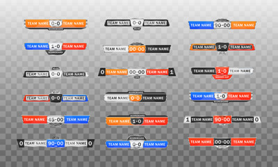 Scoreboard broadcast graphics and lower third template for sport soccer and football. Sport scoreboard with time and result display. Soccer score graphic for playing football. Vector illustration.