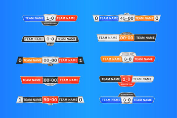 Scoreboard broadcast graphics and lower third template for sport soccer and football. Sport scoreboard with time and result display. Soccer score graphic for playing football. Vector illustration.