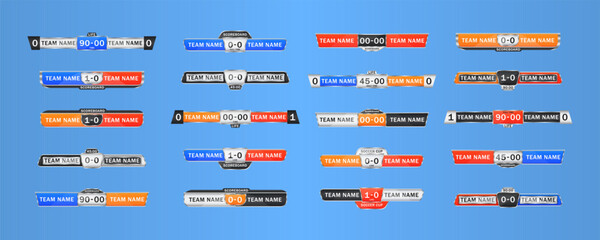 Scoreboard broadcast graphics and lower third template for sport soccer and football. Sport scoreboard with time and result display. Soccer score graphic for playing football. Vector illustration.