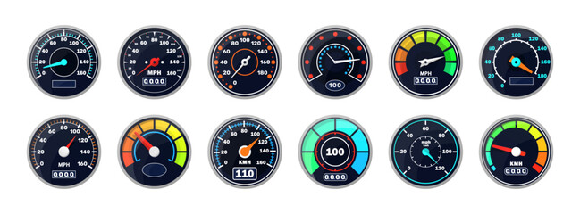 Car speedometers on black background for transportation, racing or another design
