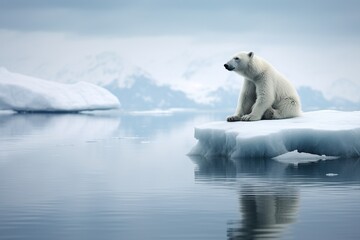 Naklejka na ściany i meble Generative AI illustration of lonely white bear on iceberg