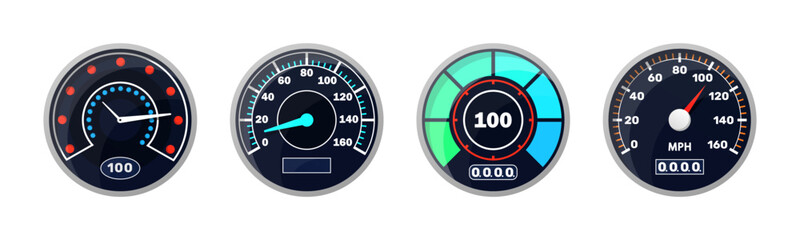Set of isolated speedometers for dashboard. Analog device for measuring speed and futuristic speedometer, technology gauge with arrow or pointer for vehicle panel, web download speed sign
