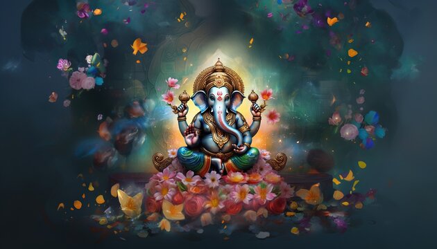 Generative AI illustration of Ganesha Hindu God, with flowers, oil painting taken up into heaven, sitting in front of bokeh mandala background © CravenA