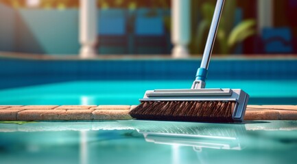 A close-up shot of professional pool cleaning tool, pool brush, neatly arranged by the side of the pool, emphasizing the importance of pool maintenance and cleanliness.