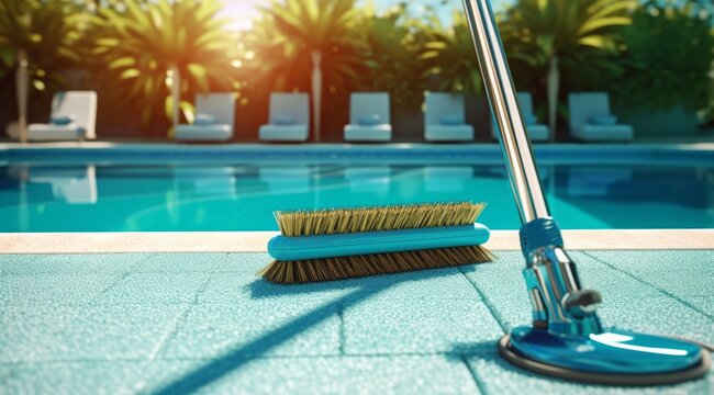 A Close-up Shot Of Professional Pool Cleaning Tool, Pool Brush, Neatly Arranged By The Side Of The Pool, Emphasizing The Importance Of Pool Maintenance And Cleanliness.