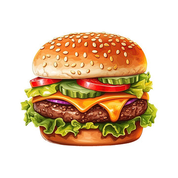 Delicious Cartoon Hamburger Illustration. Fast Food Clipart. Generative AI