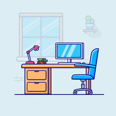 Modern Office Desk With Computer & Lamp Vector, Illustration, Flat Icon