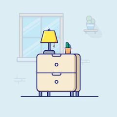 Drawers With Lamp & Cactus Vector, Illustration, Flat Icon