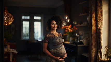 Pregnant woman with Afro hairstyle touching her belly in the room. Generative AI.