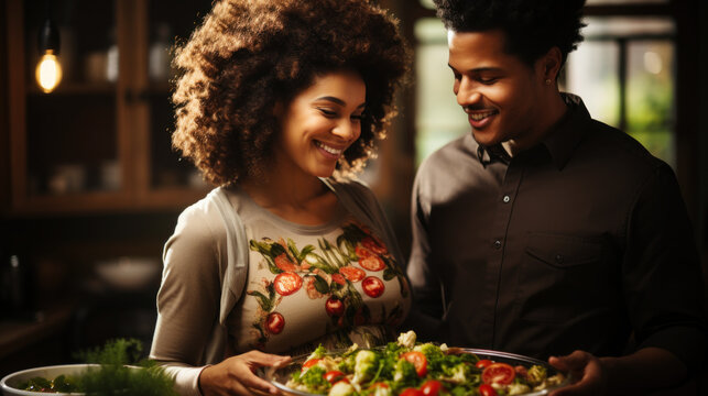 Young African American couple eating salad together at home, close up. Generative AI.