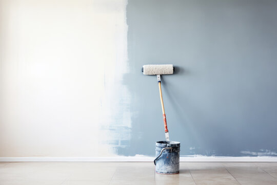 Paint roller and bucket of paint with a painted wall. Photorealistic illustration of Generative AI.