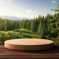 realistic image of a Wooden round podium on a grassy hilltop. realistic 3d illustration forest on the background
