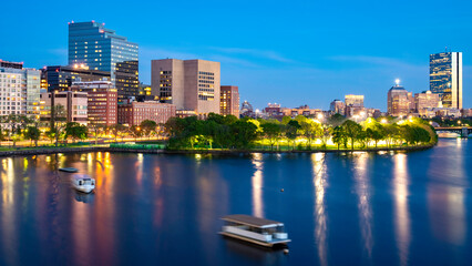 Boston in Massachusetts, USA at sunrise showcasing the Backbay neighborhood with its skyscrapers and historic buildings.