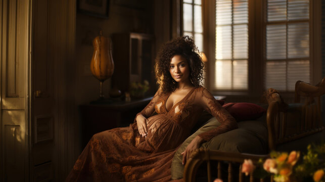 Beautiful pregnant african american woman with curly hair sitting on the bed. Generative AI.
