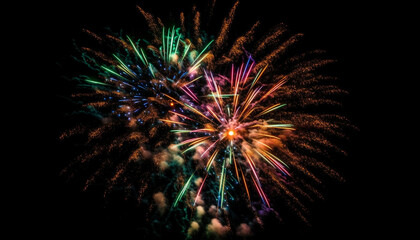 Vibrant firework display illuminates dark night sky generated by AI