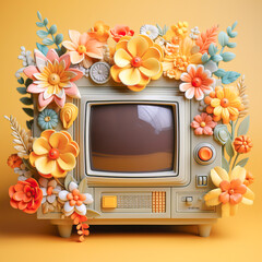 3d illustration of a old TV and flowers around it.  Generative AI.