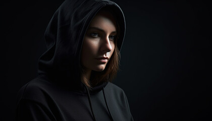 Confident beauty in black hoodie, mystery indoors generated by AI