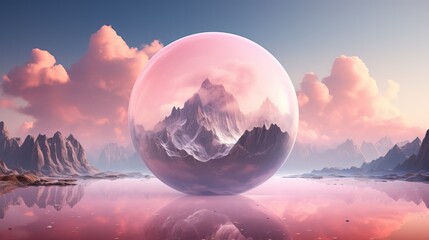  Illustration of a fantasy landscape a large glass sphere in the middle of the river with mountains in the background. Generative AI.